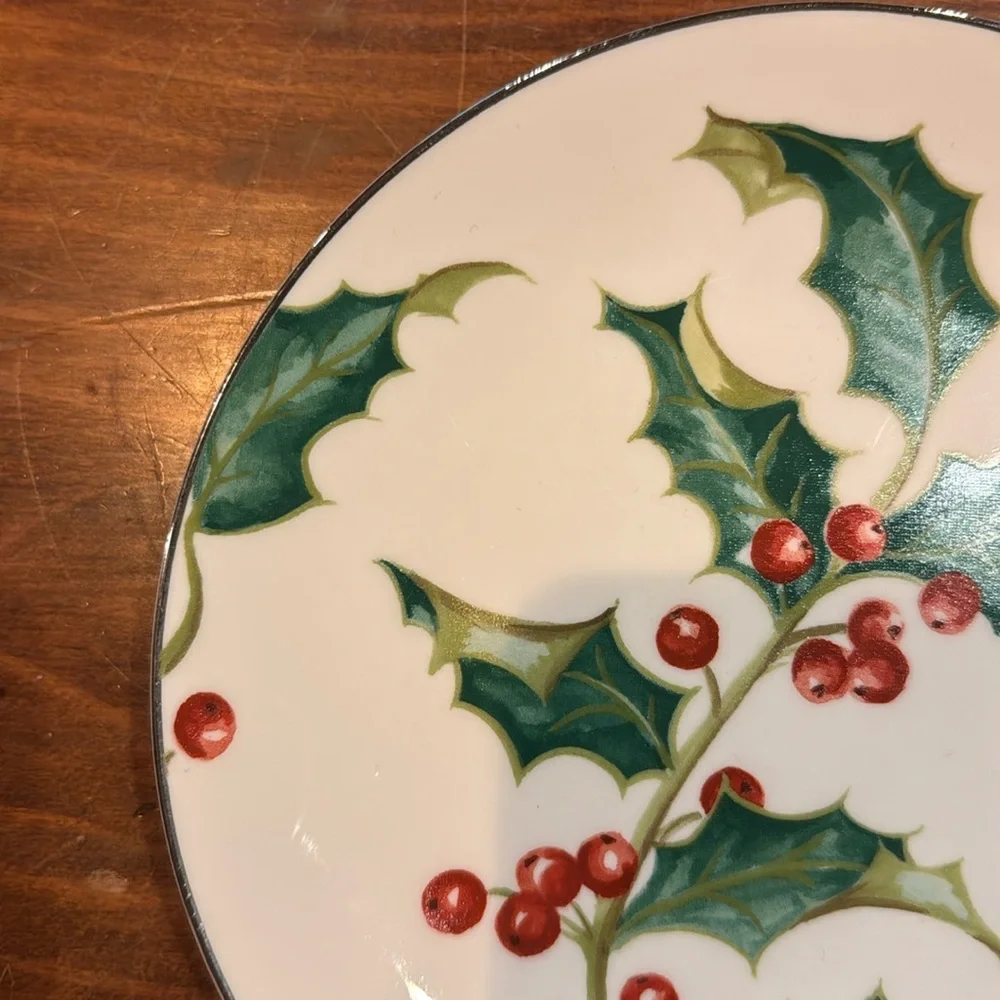 NWOT Restoration Hardware Holly Salad Plate 7 3/4” Silver Rim Christmas Holuday